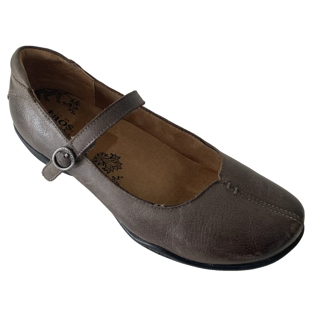 Taos Ta Dah Mary Jane Wedge Flat Taupe Leather Round Toe Brown 8.5 US 39 EU
